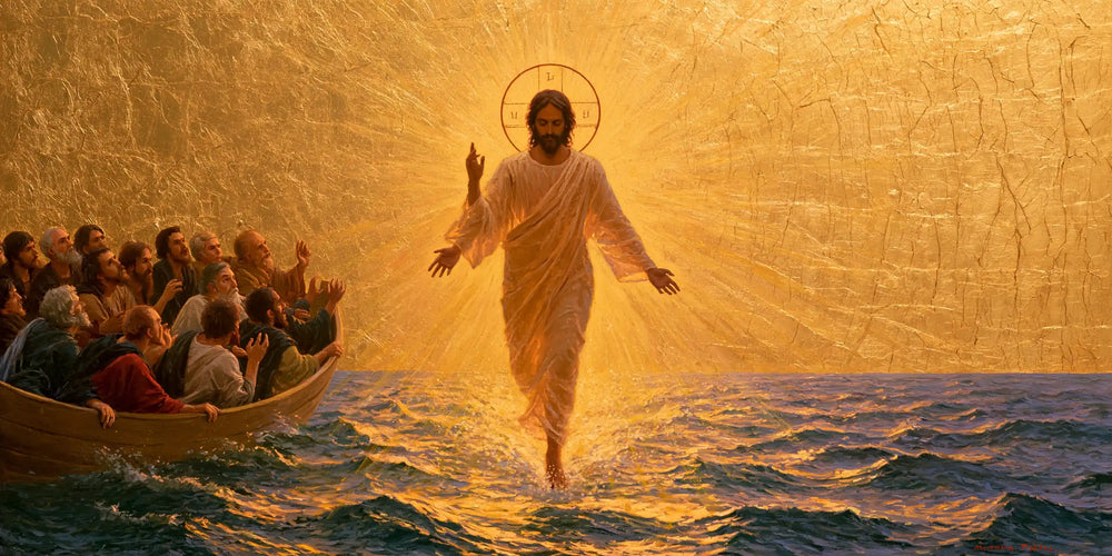Jesus walking on water in Sacred Gold style, landscape Christian artwork no. 20