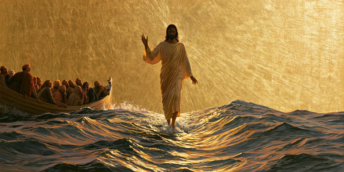Jesus walking on water in Sacred Gold style, landscape Christian artwork no. 22