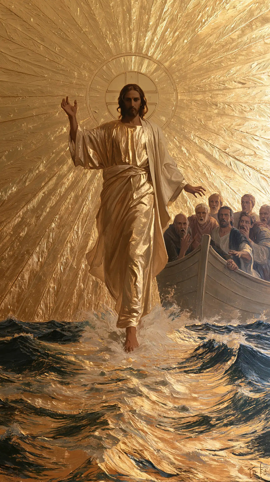 Jesus Walking on Water — Long Rays behind Golden Linen