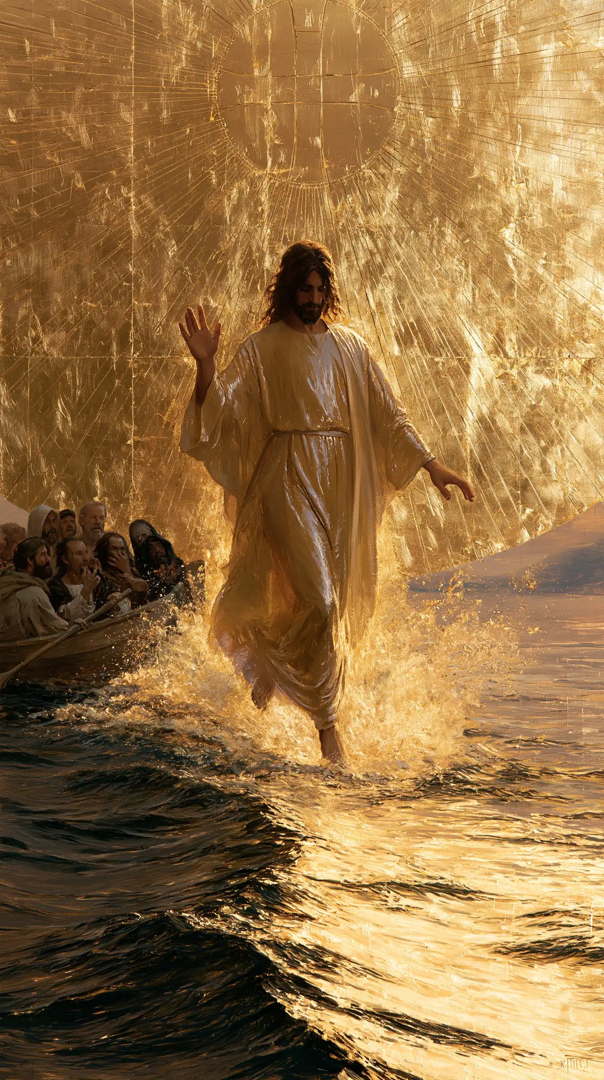 Jesus Walking on Water — The Silhouette above the Amber Mirror