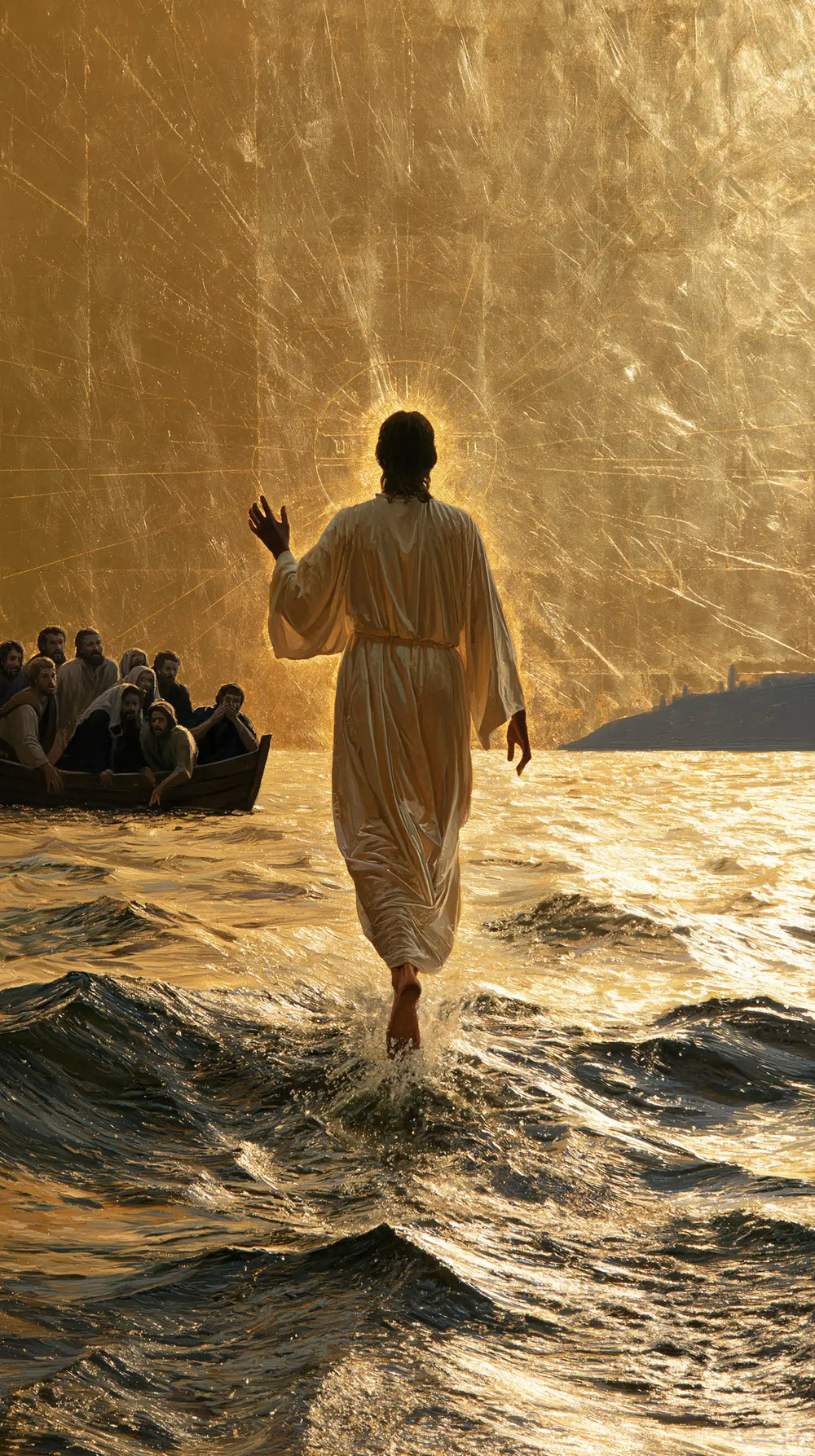 Jesus walking on water in Sacred Gold style, portrait Christian artwork no. 20