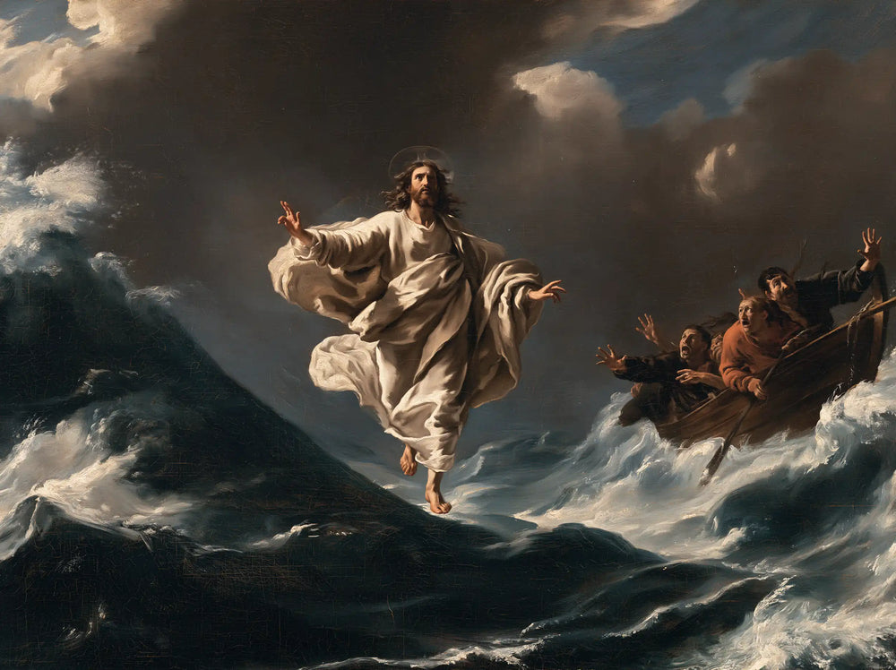 Jesus walking on water in Theatrical Baroque style, landscape Christian artwork no. 11