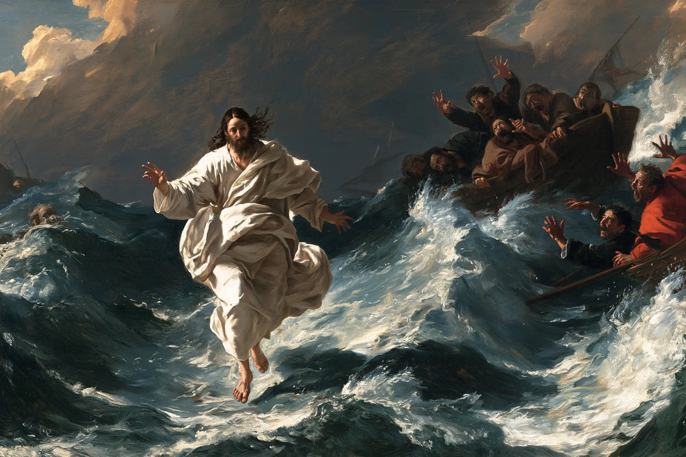 Jesus walking on water in Theatrical Baroque style, landscape Christian artwork no. 19