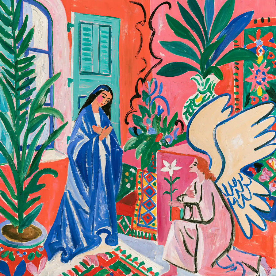Mary and Gabriel in the Red Garden Room – Fauvist Art · Square