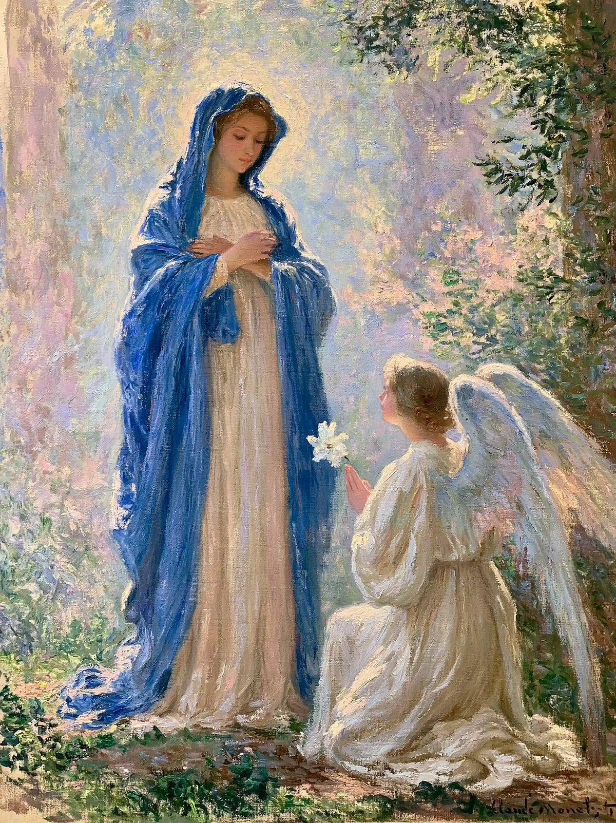 Mary and Gabriel among Tall White Flowers – Impressionist Art · Portrait