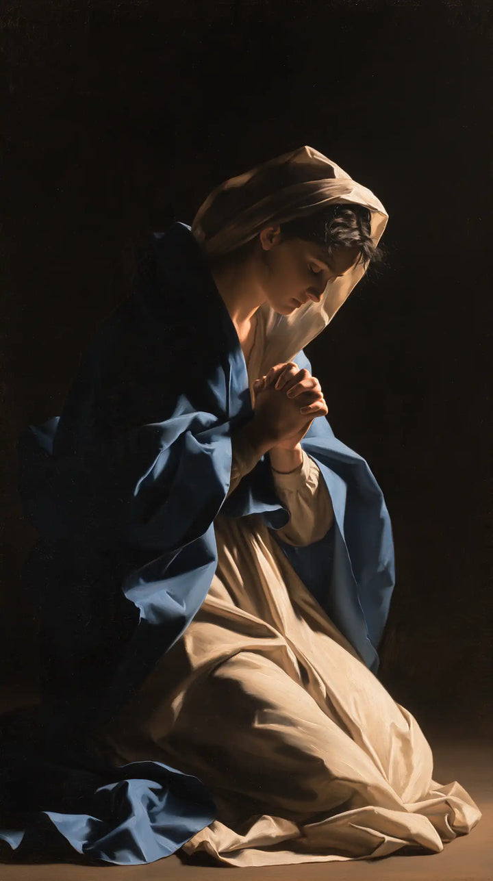 Virgin Mary in Prayer — The Profile beneath the Ochre Veil