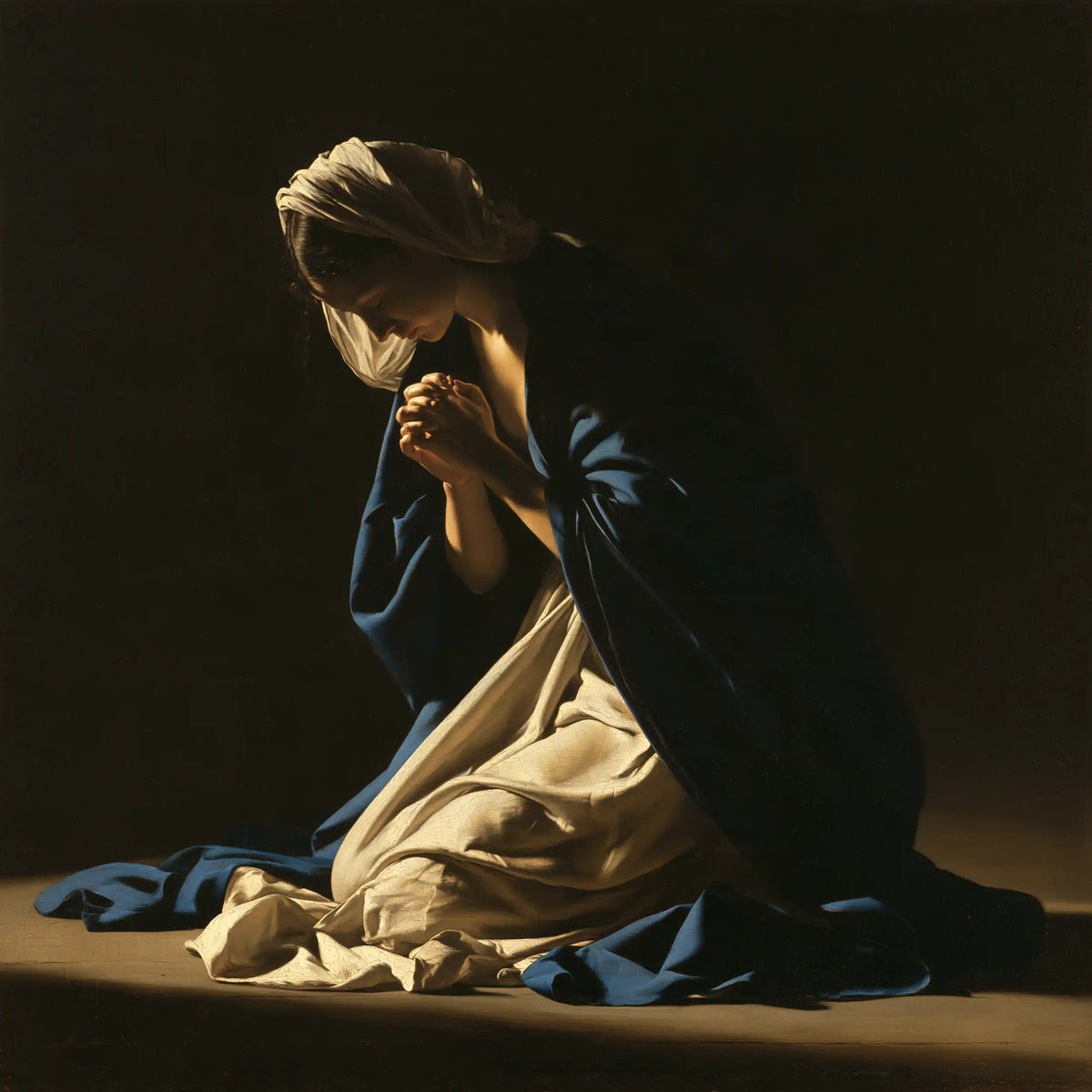 Virgin Mary in Prayer — The Quiet Gold of Interlaced Fingers