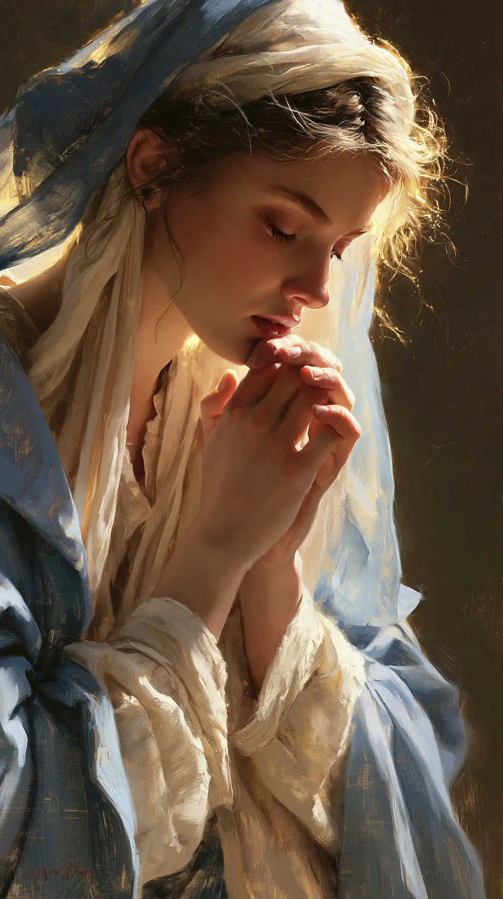 the Virgin Mary in a contemplative close-up in Contemplative Close-Up style, portrait Christian artwork no. 2