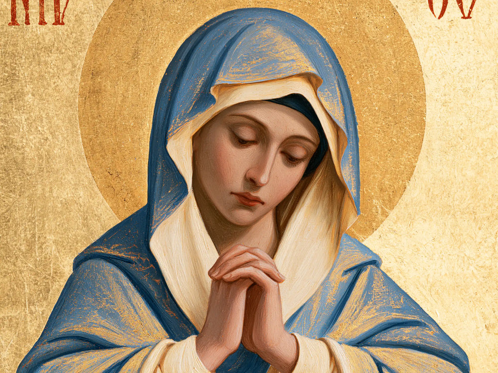the Virgin Mary in prayer in Contemporary Byzantine style, landscape Christian artwork no. 2