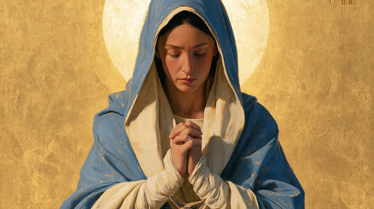 the Virgin Mary in prayer in Contemporary Byzantine style, landscape Christian artwork no. 20
