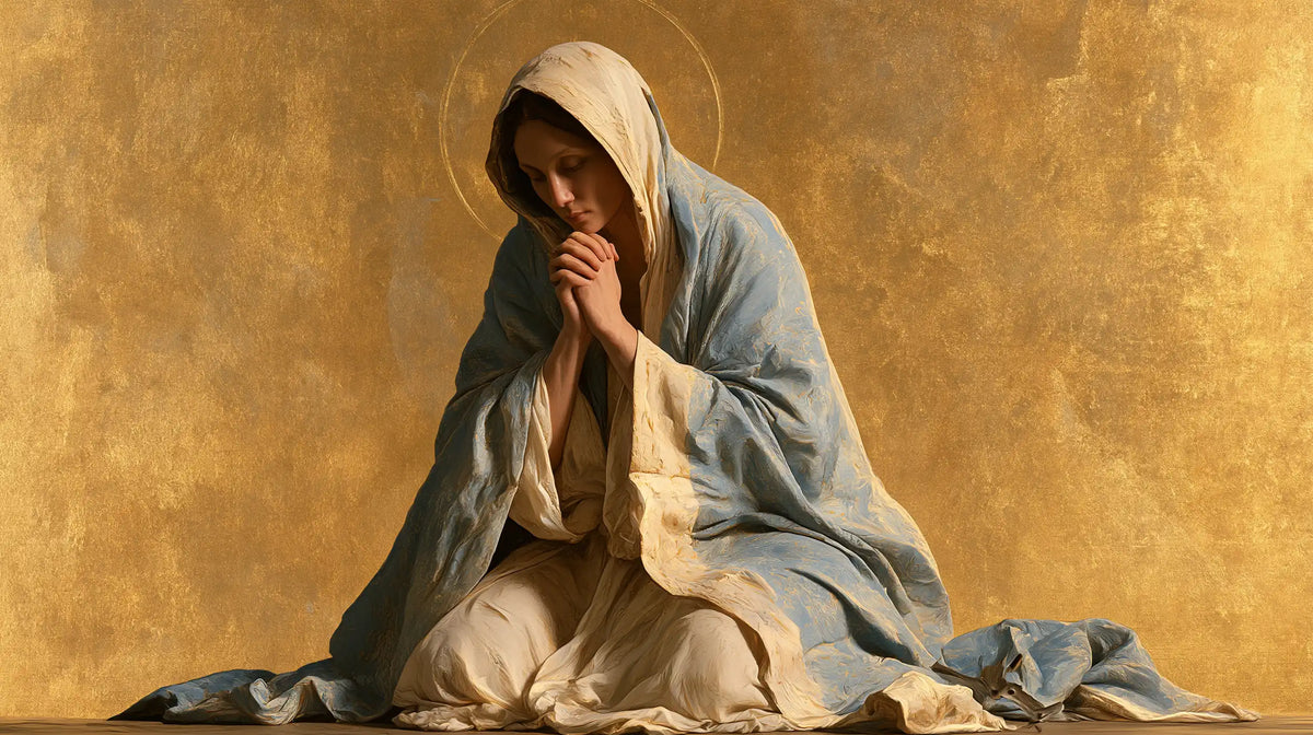 Virgin Mary in Prayer — The Ivory Veil against Patinated Gold