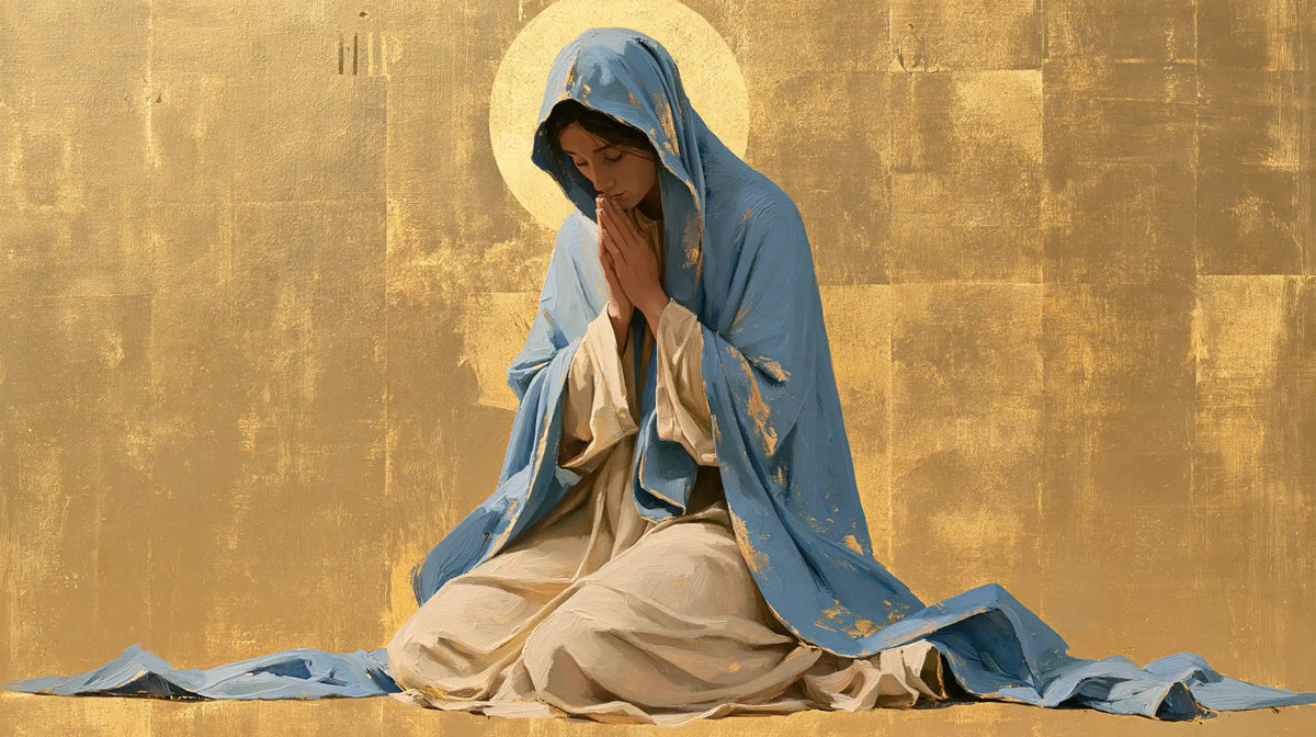the Virgin Mary in prayer in Contemporary Byzantine style, landscape Christian artwork no. 24