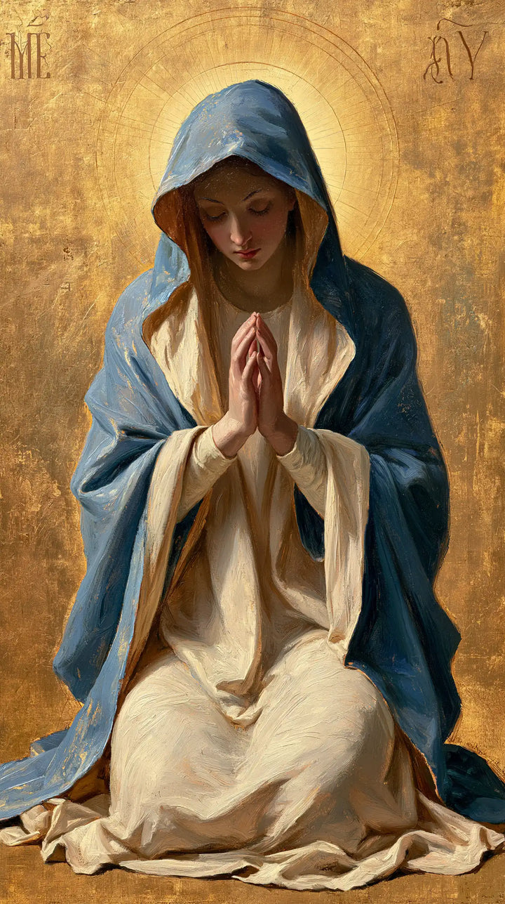 Virgin Mary in Prayer — The Glow behind Deep Blue