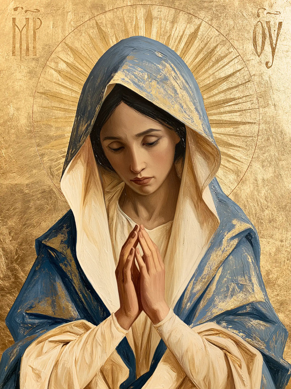 the Virgin Mary in prayer in Contemporary Byzantine style, portrait Christian artwork no. 33