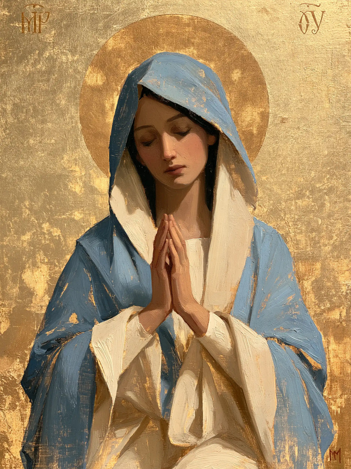 the Virgin Mary in prayer in Contemporary Byzantine style, portrait Christian artwork no. 36