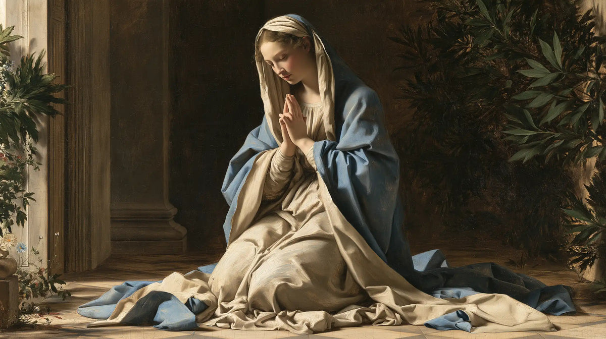 Virgin Mary in Prayer — The Threshold Kept by Leaves
