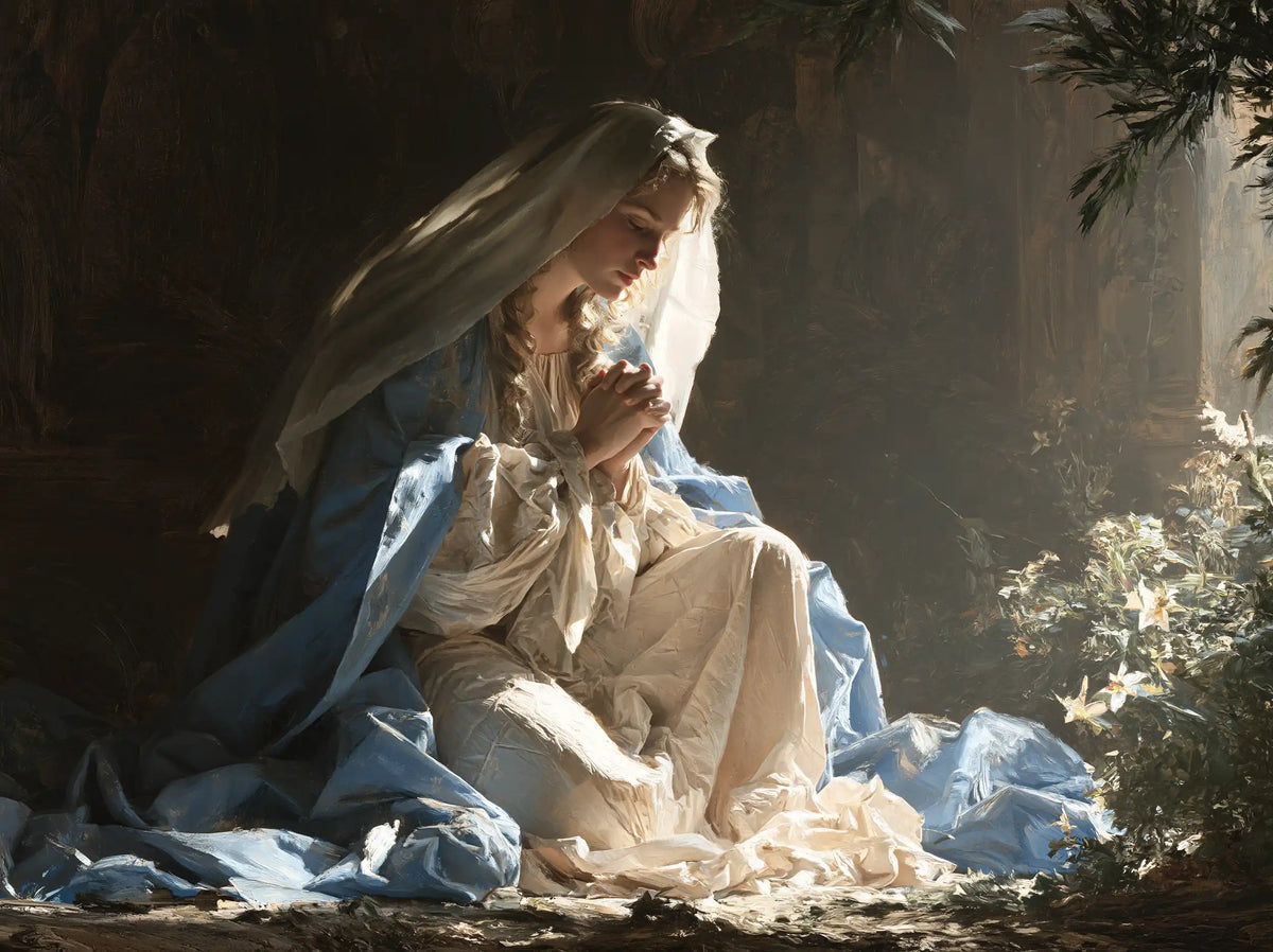 Virgin Mary in Prayer — Light beside the Flowers