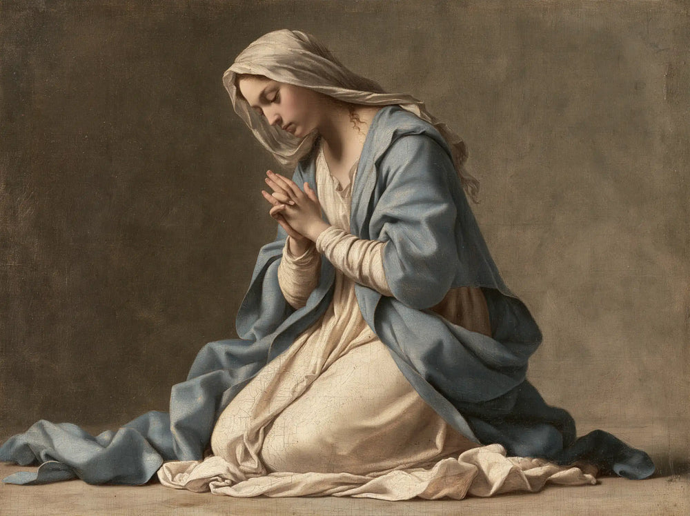 the Virgin Mary in prayer in Florentine Renaissance style, landscape Christian artwork no. 14