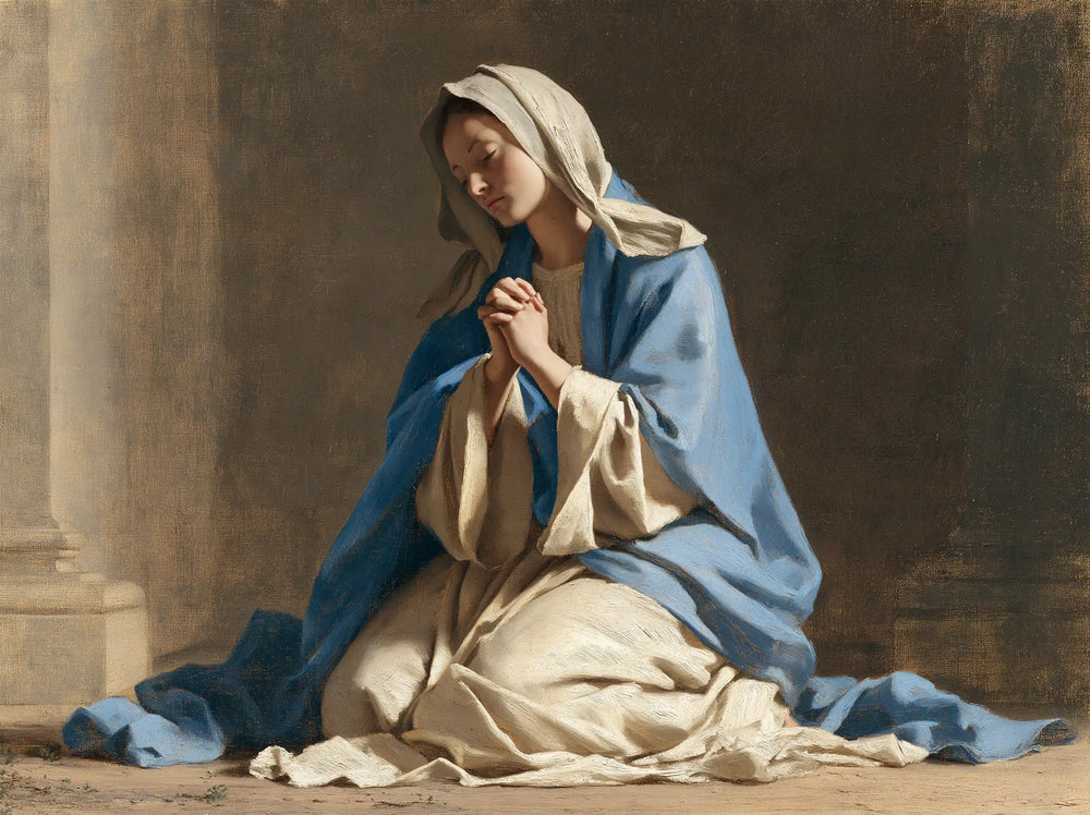 the Virgin Mary in prayer in Florentine Renaissance style, landscape Christian artwork no. 15