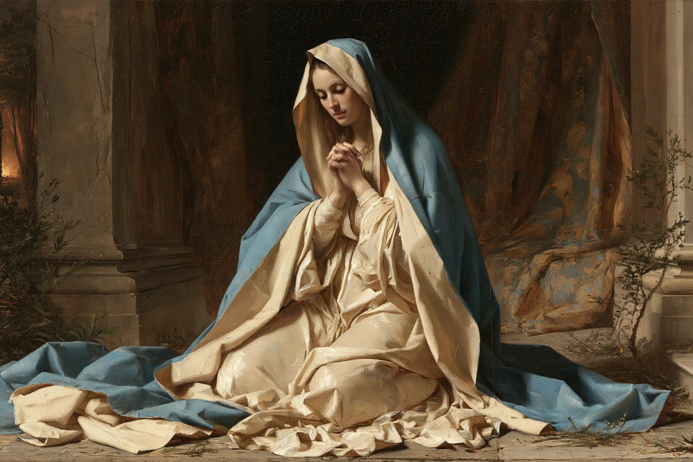 the Virgin Mary in prayer in Florentine Renaissance style, landscape Christian artwork no. 18