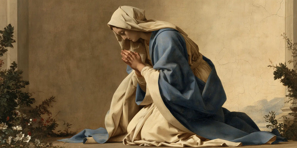 the Virgin Mary in prayer in Florentine Renaissance style, landscape Christian artwork no. 21