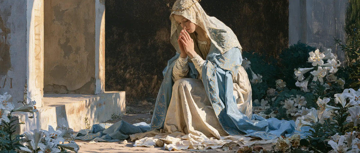 Virgin Mary in Prayer — The Refuge of White Flowers
