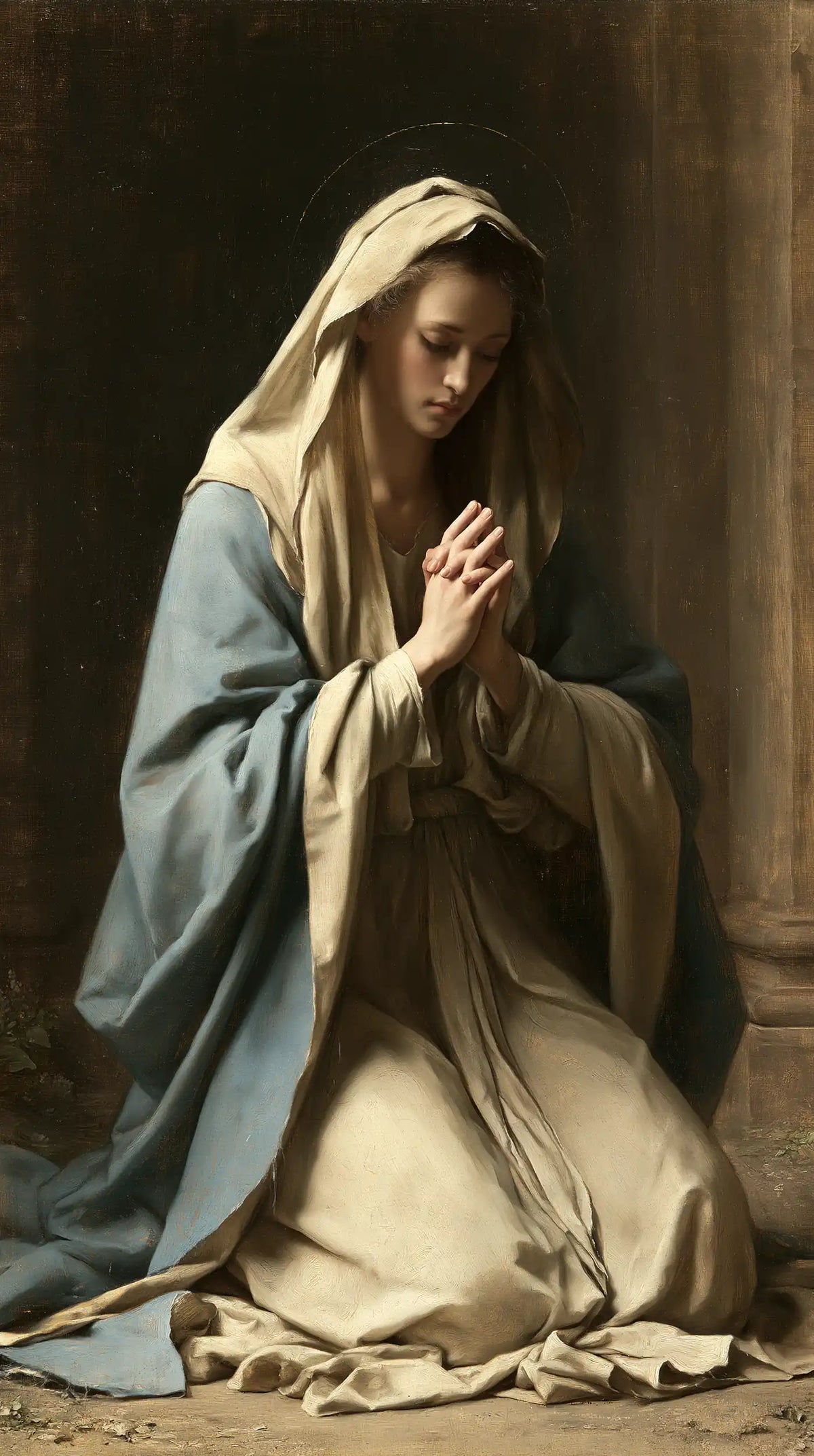 Virgin Mary in Prayer — Linen in the Pillar’s Half-Light