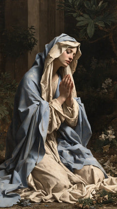Virgin Mary in Prayer — The Pleated Veil in the Dark Garden