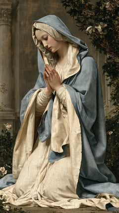Virgin Mary in Prayer — Embroidered Linen in the Garden