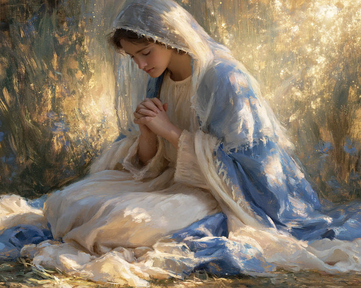 Virgin Mary in Prayer — Rest in the Luminous Grass