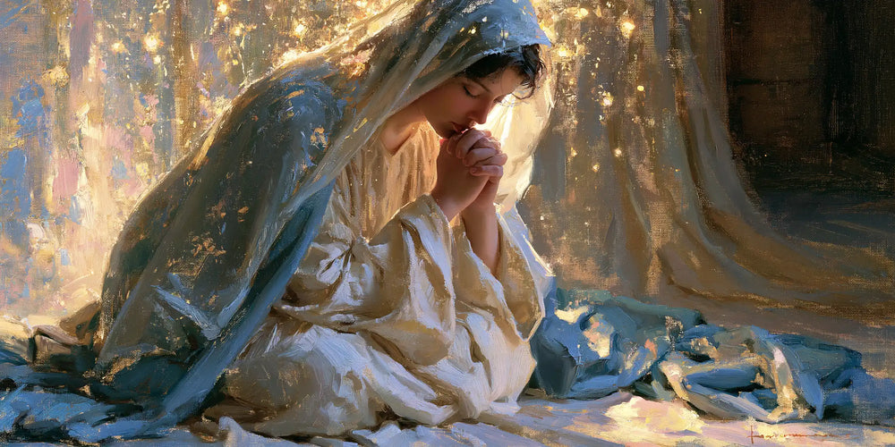the Virgin Mary in prayer in Impressionist style, landscape Christian artwork no. 14