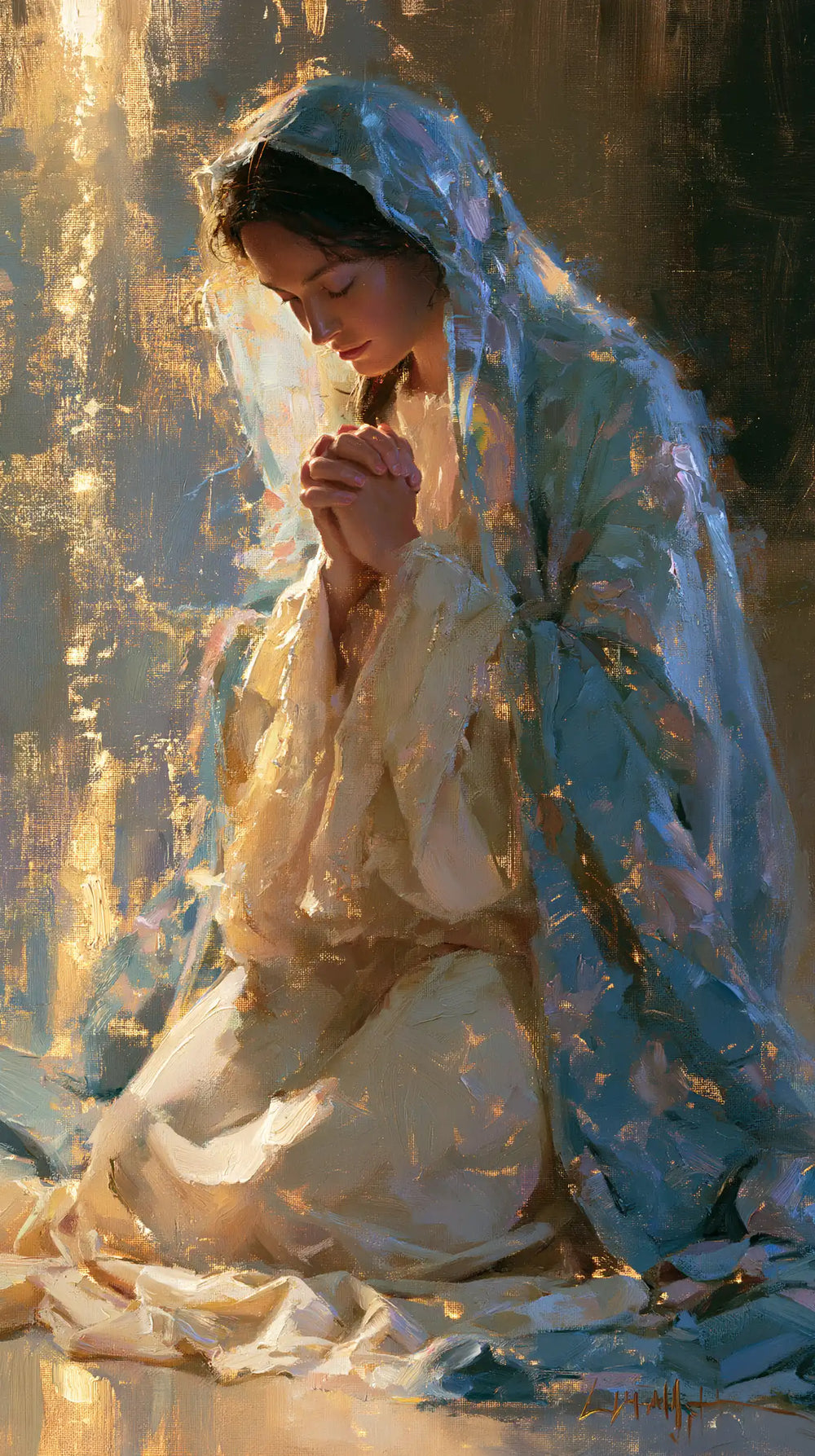 the Virgin Mary in prayer in Impressionist style, portrait Christian artwork no. 10
