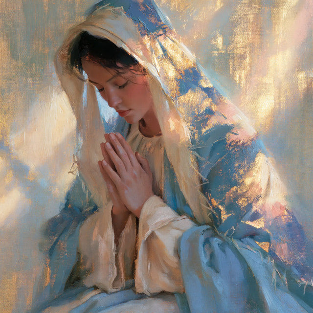 Virgin Mary in Prayer — Blue Crossed by Petals of Light