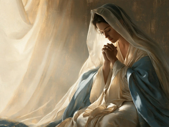 Virgin Mary in Prayer — Silence beside the Floating Veil