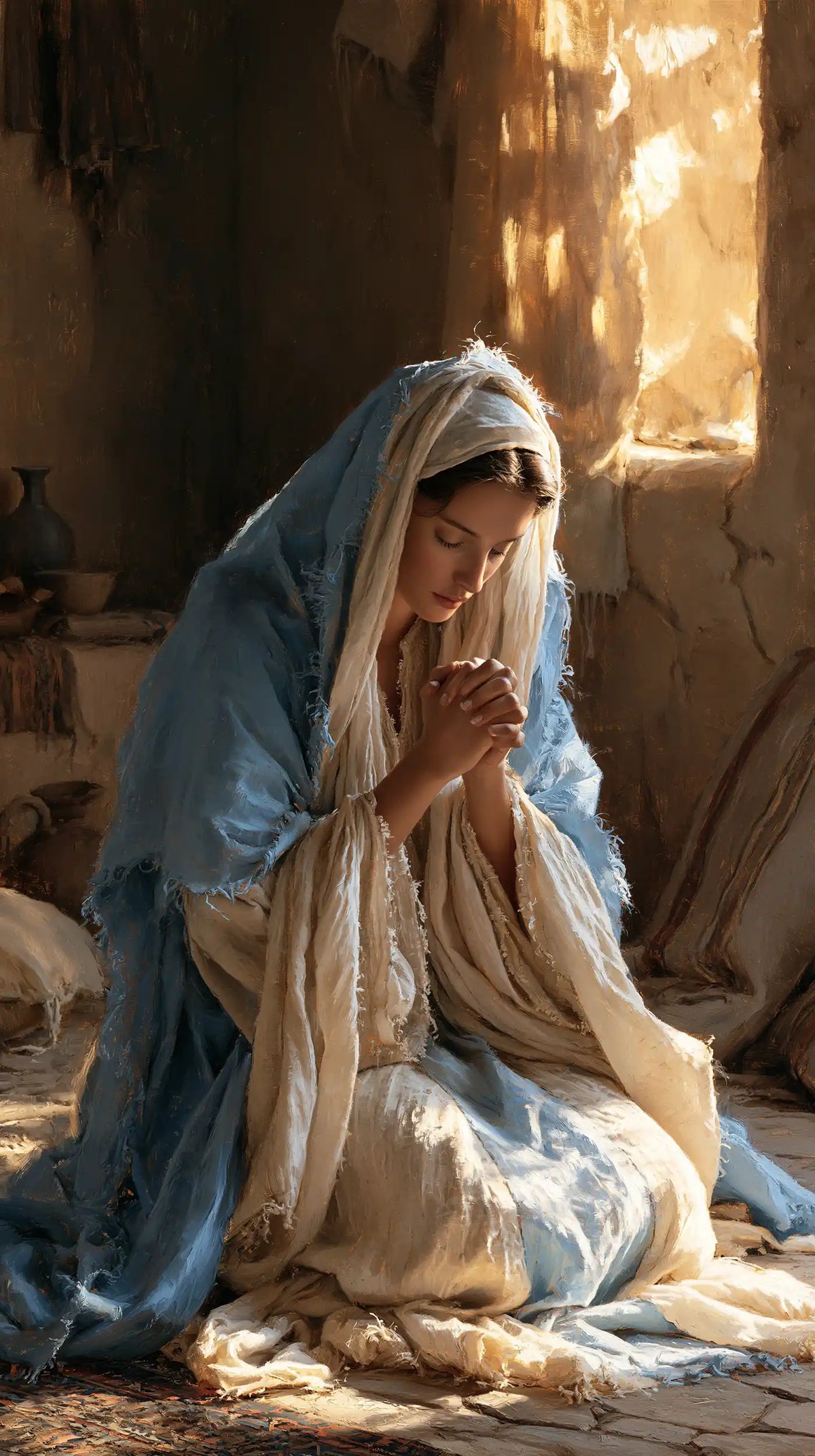 Virgin Mary in Prayer — The Window of Golden Gleams