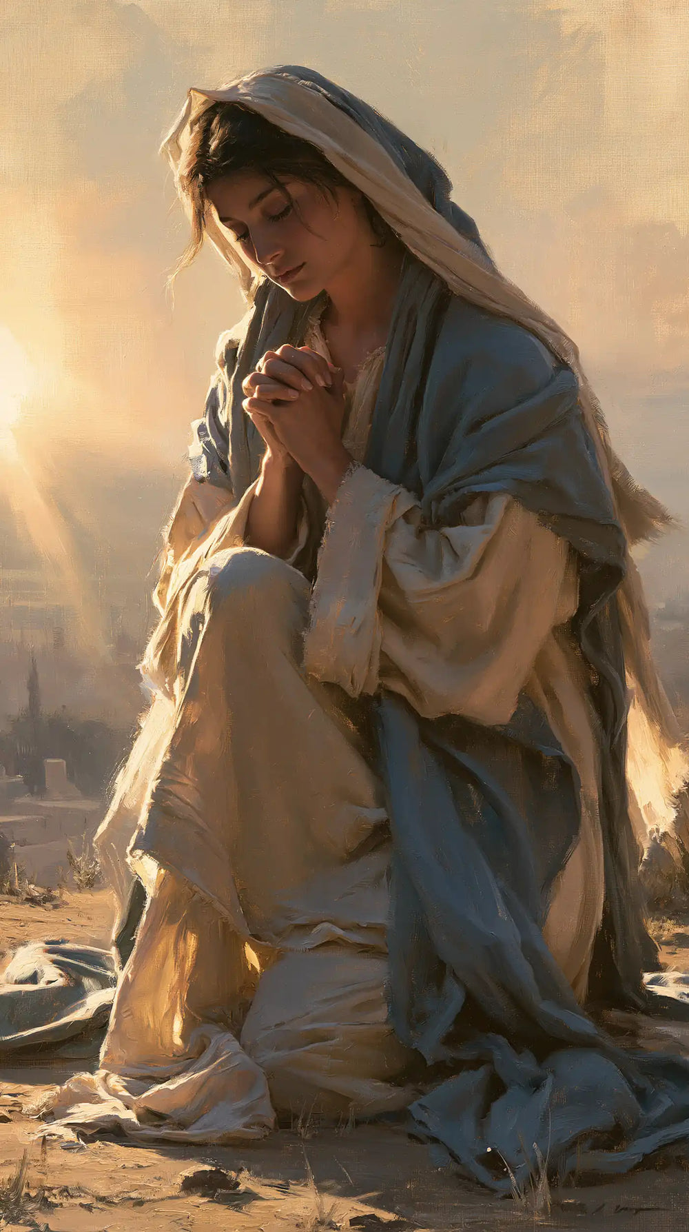 the Virgin Mary praying in a biblical-era interior in Mary in a Biblical Interior style, portrait Christian artwork no. 11