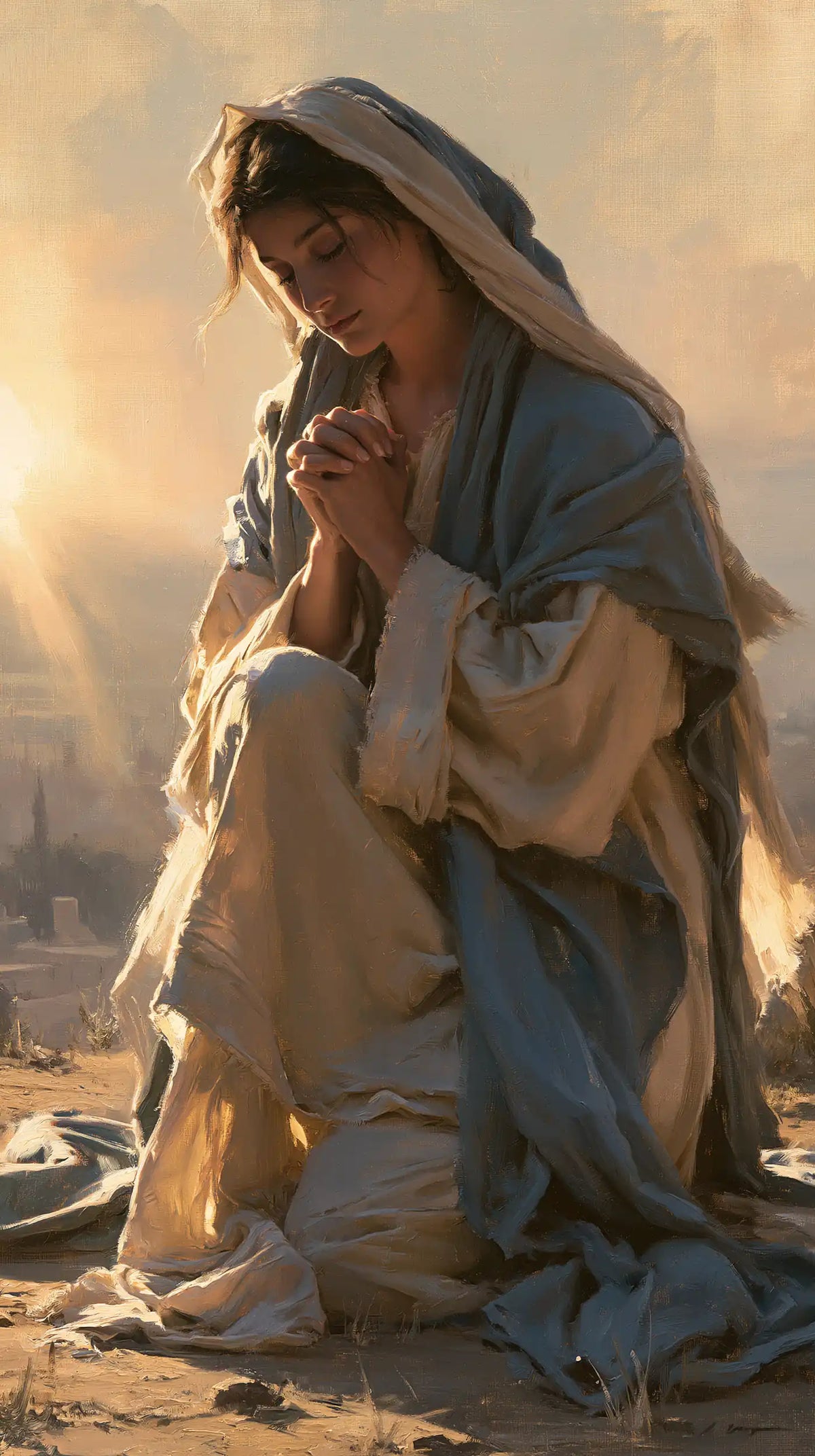 the Virgin Mary praying in a biblical-era interior in Mary in a Biblical Interior style, portrait Christian artwork no. 11