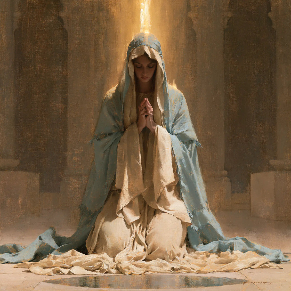 the Virgin Mary praying in a biblical-era interior in Mary in a Biblical Interior style, square Christian artwork no. 8