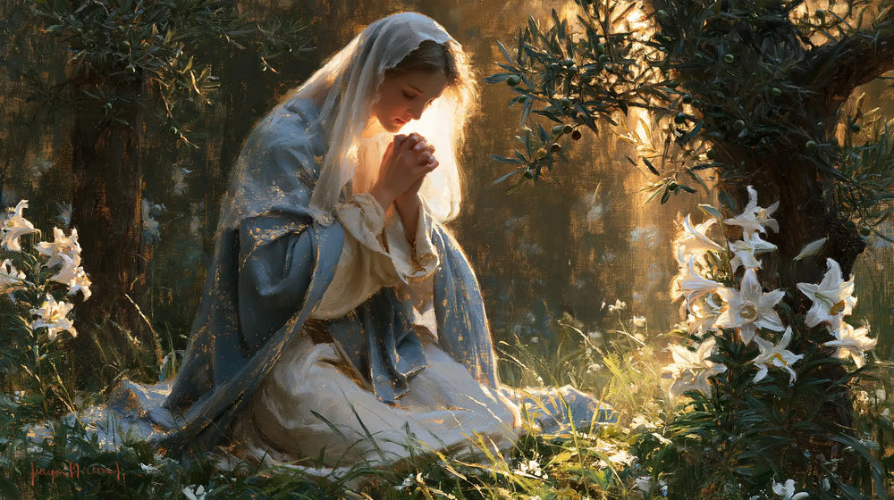 the Virgin Mary praying in a sacred garden in Mary in a Sacred Garden style, landscape Christian artwork no. 8