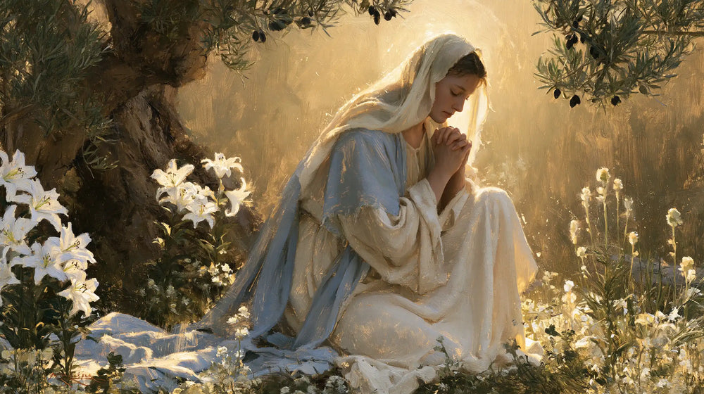 the Virgin Mary praying in a sacred garden in Mary in a Sacred Garden style, landscape Christian artwork no. 12