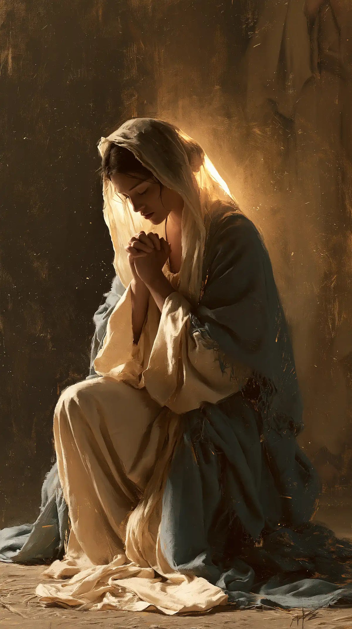 Virgin Mary in Prayer — The Glow behind the Bowed Brow