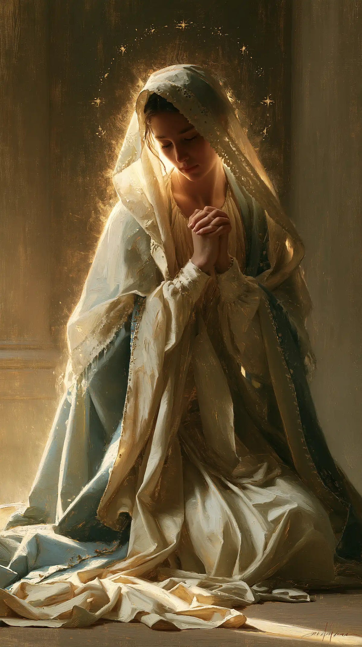 Virgin Mary in Prayer — The Circle of Sparks around the Veil