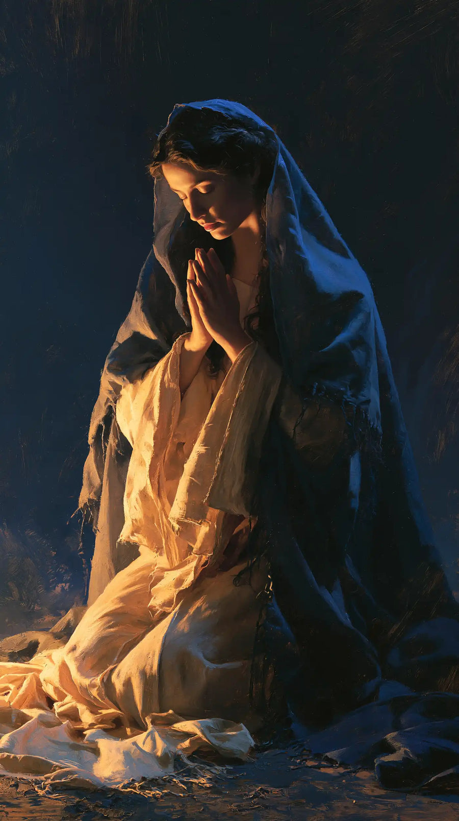 Virgin Mary in Prayer - Midnight Blue Chiaroscuro · Portrait n° 8