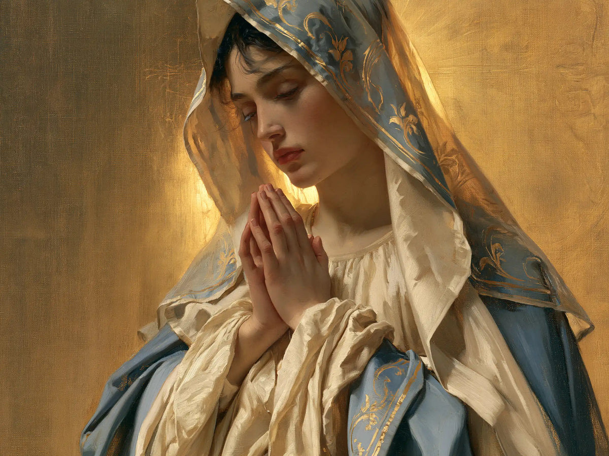 the Virgin Mary in prayer in Sacred Art Nouveau style, landscape Christian artwork no. 1