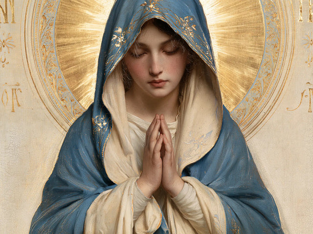 Virgin Mary in Prayer — The Radiant Halo of the Flowered Veil