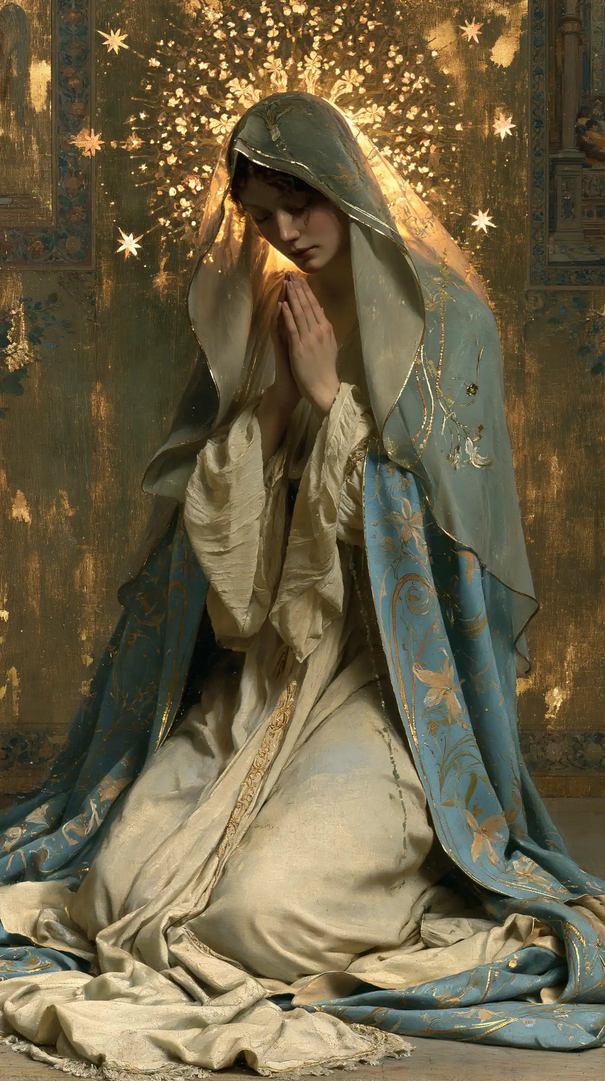 the Virgin Mary in prayer in Sacred Art Nouveau style, portrait Christian artwork no. 7