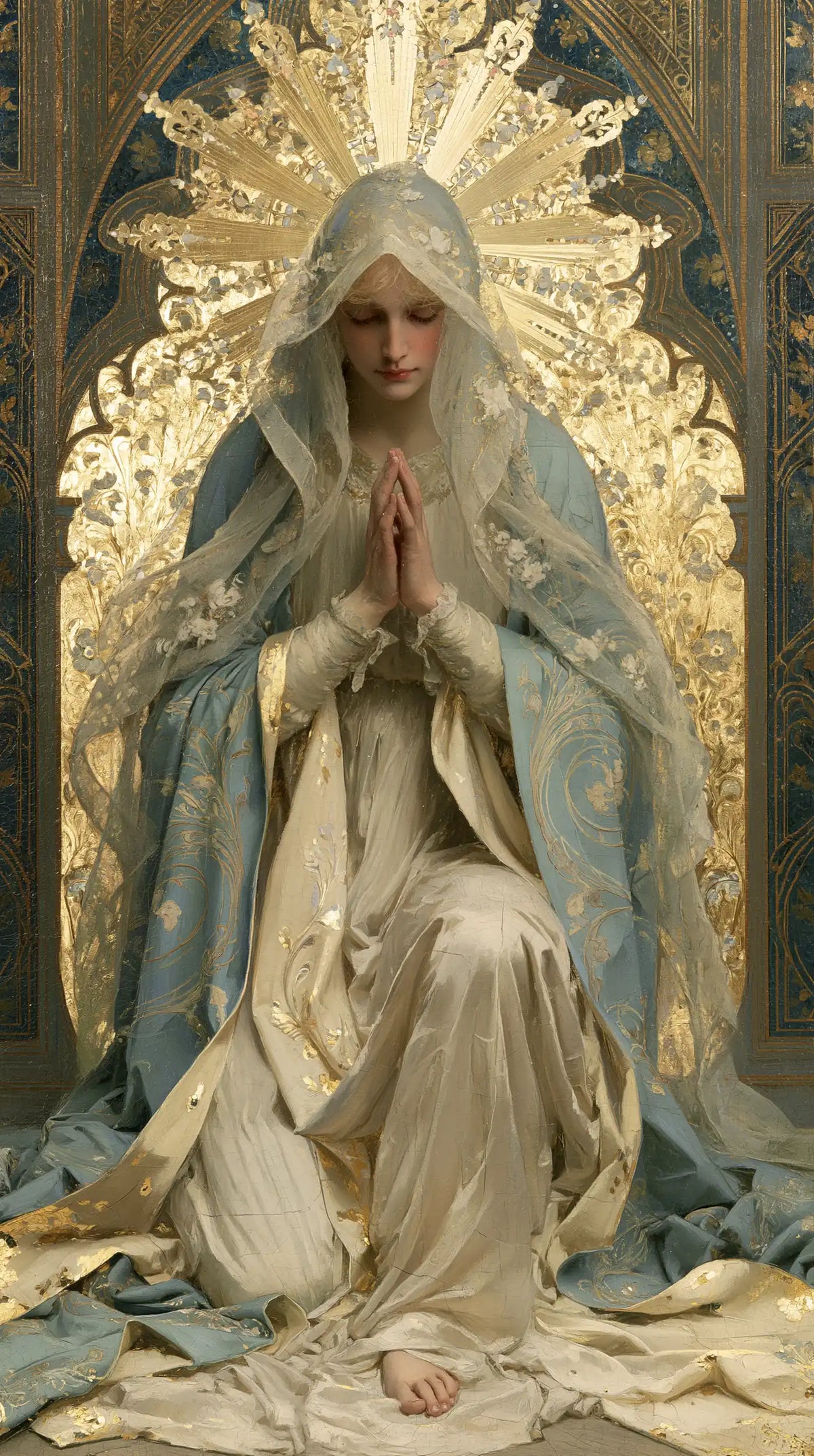 the Virgin Mary in prayer in Sacred Art Nouveau style, portrait Christian artwork no. 8