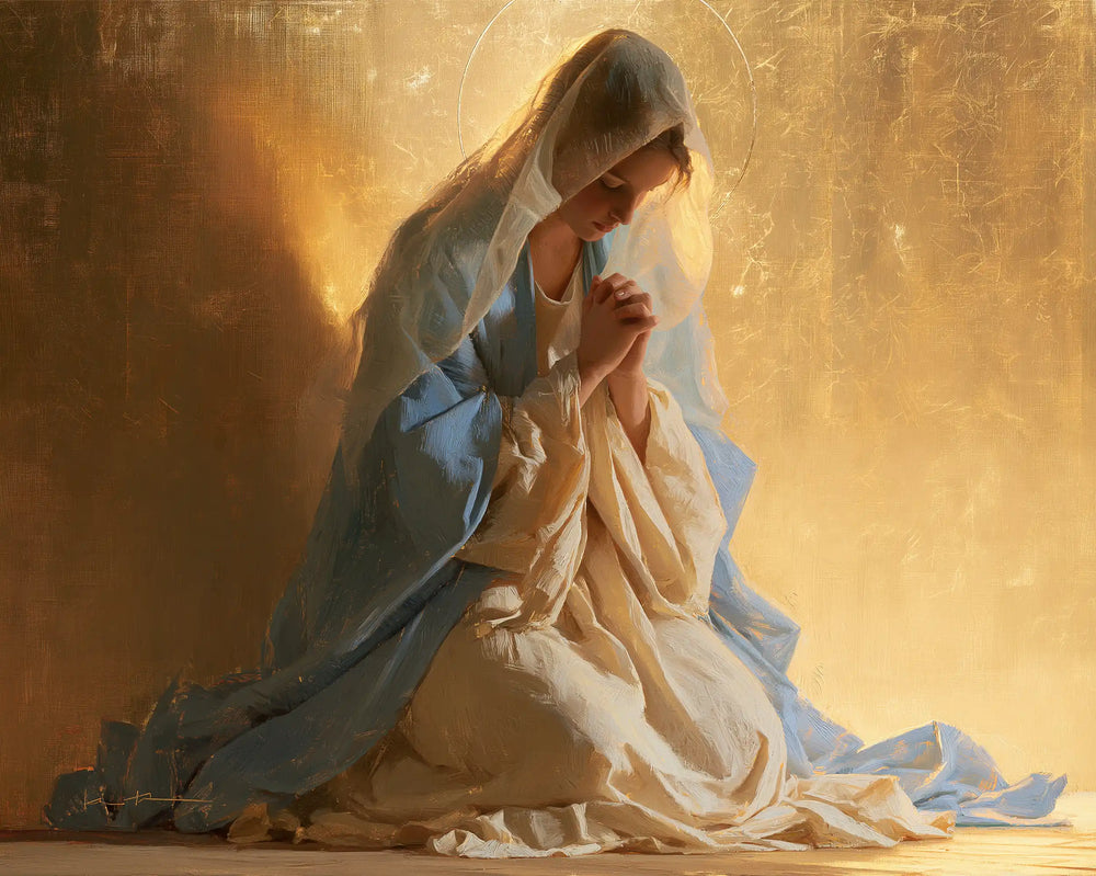 the Virgin Mary in prayer in Sacred Gold style, landscape Christian artwork no. 10