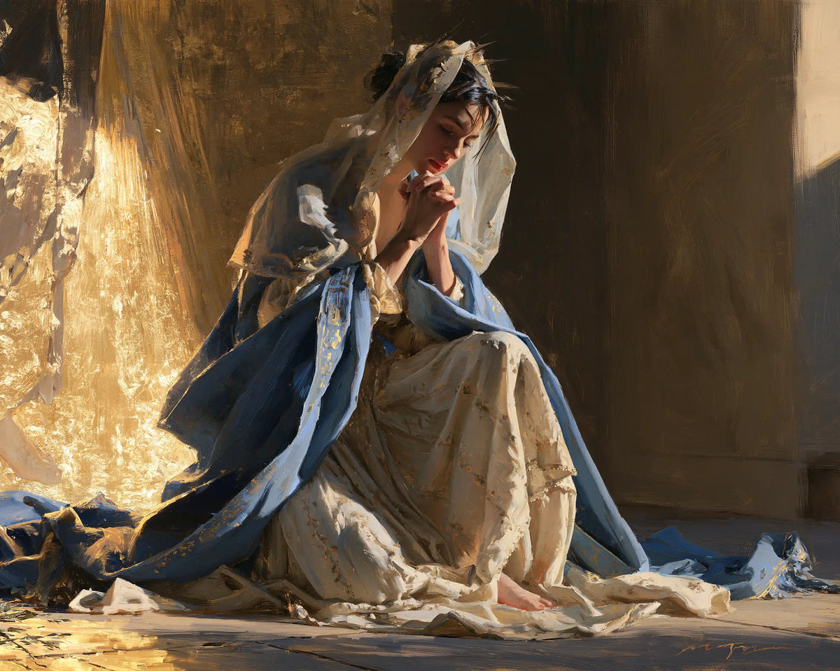 Virgin Mary in Prayer — Blue before the Broken Gleam