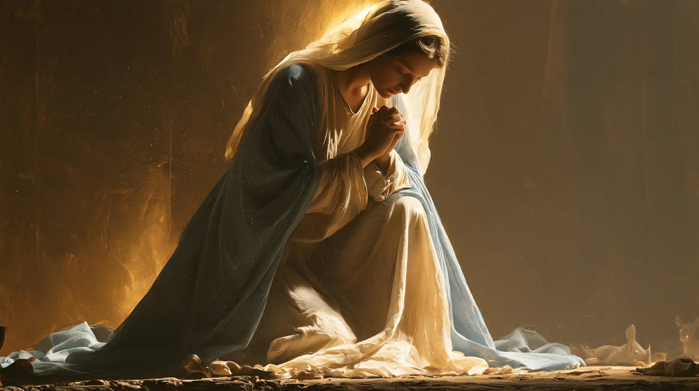 the Virgin Mary in prayer in Sacred Gold style, landscape Christian artwork no. 18